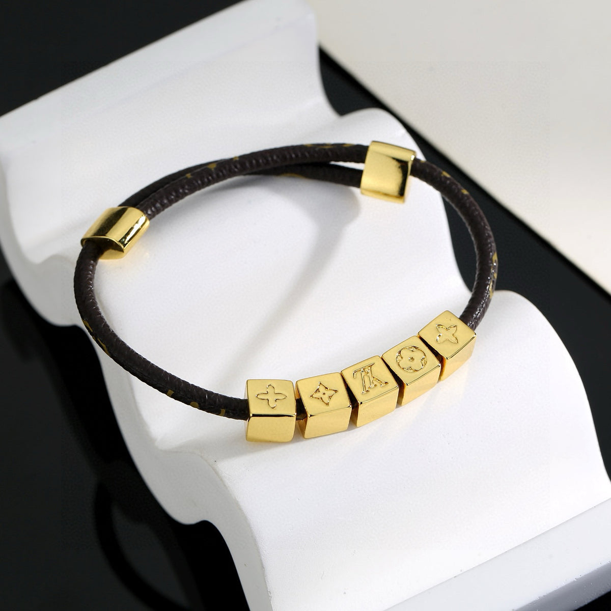 Geometric Emblem Leather-Detail Bracelet – Leather Detail – Design 025 front product view