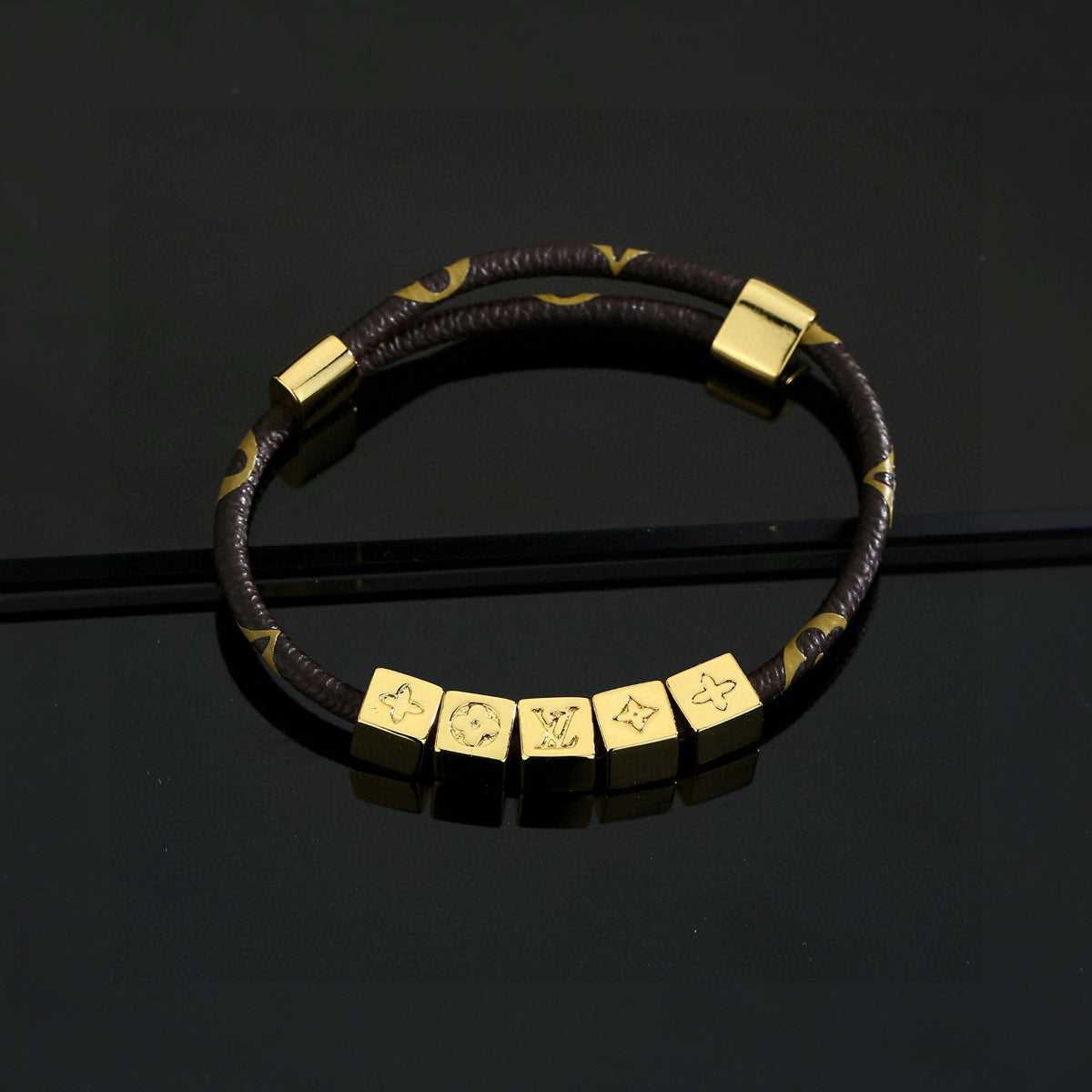 Geometric Emblem Leather-Detail Bracelet – Leather Detail – Design 025 close-up detail