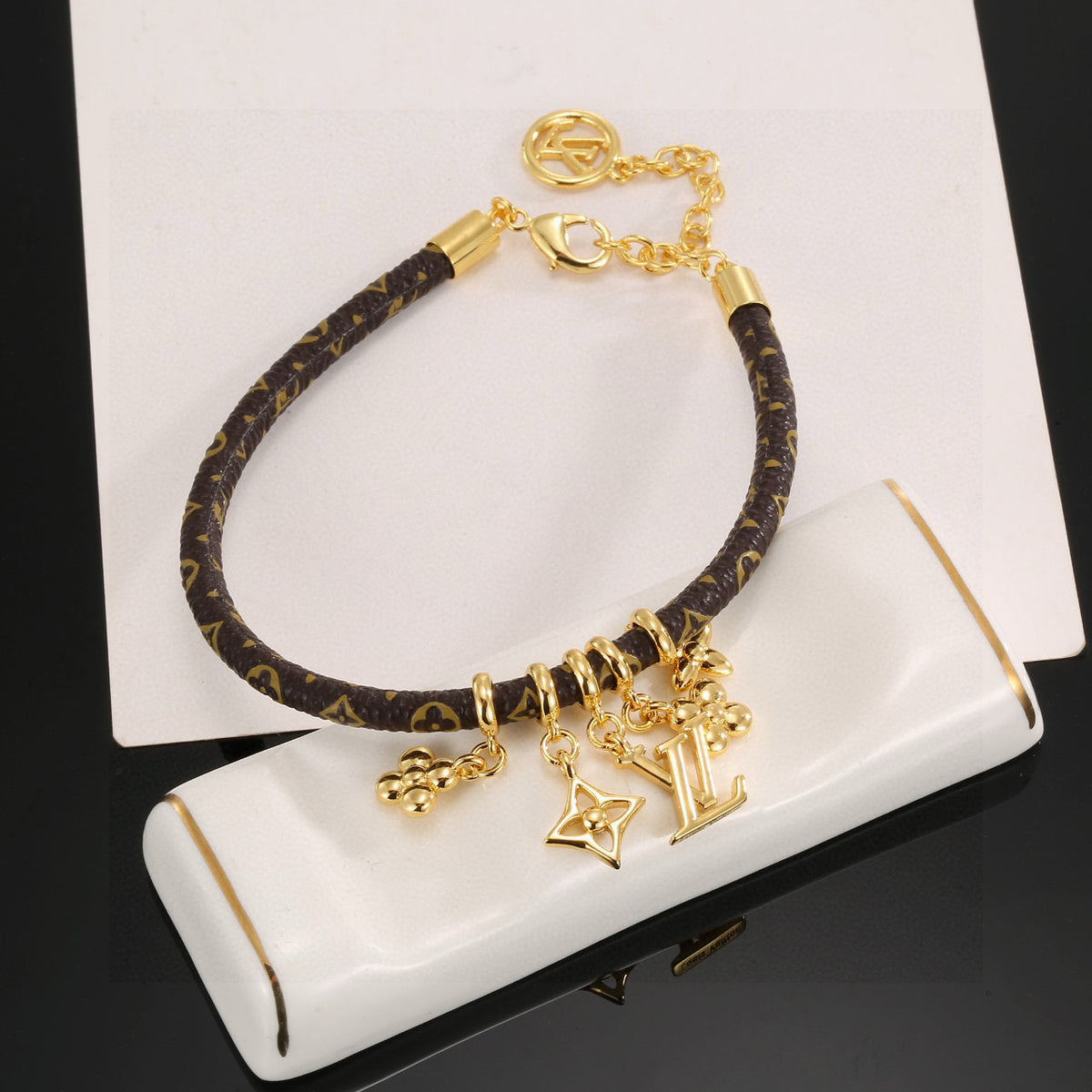 Geometric Emblem Leather-Detail Bracelet – Leather Detail – Design 027 styled product view