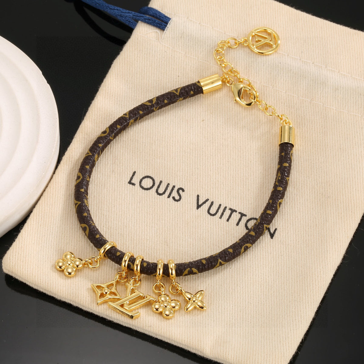 Geometric Emblem Leather-Detail Bracelet – Leather Detail – Design 024 front product view