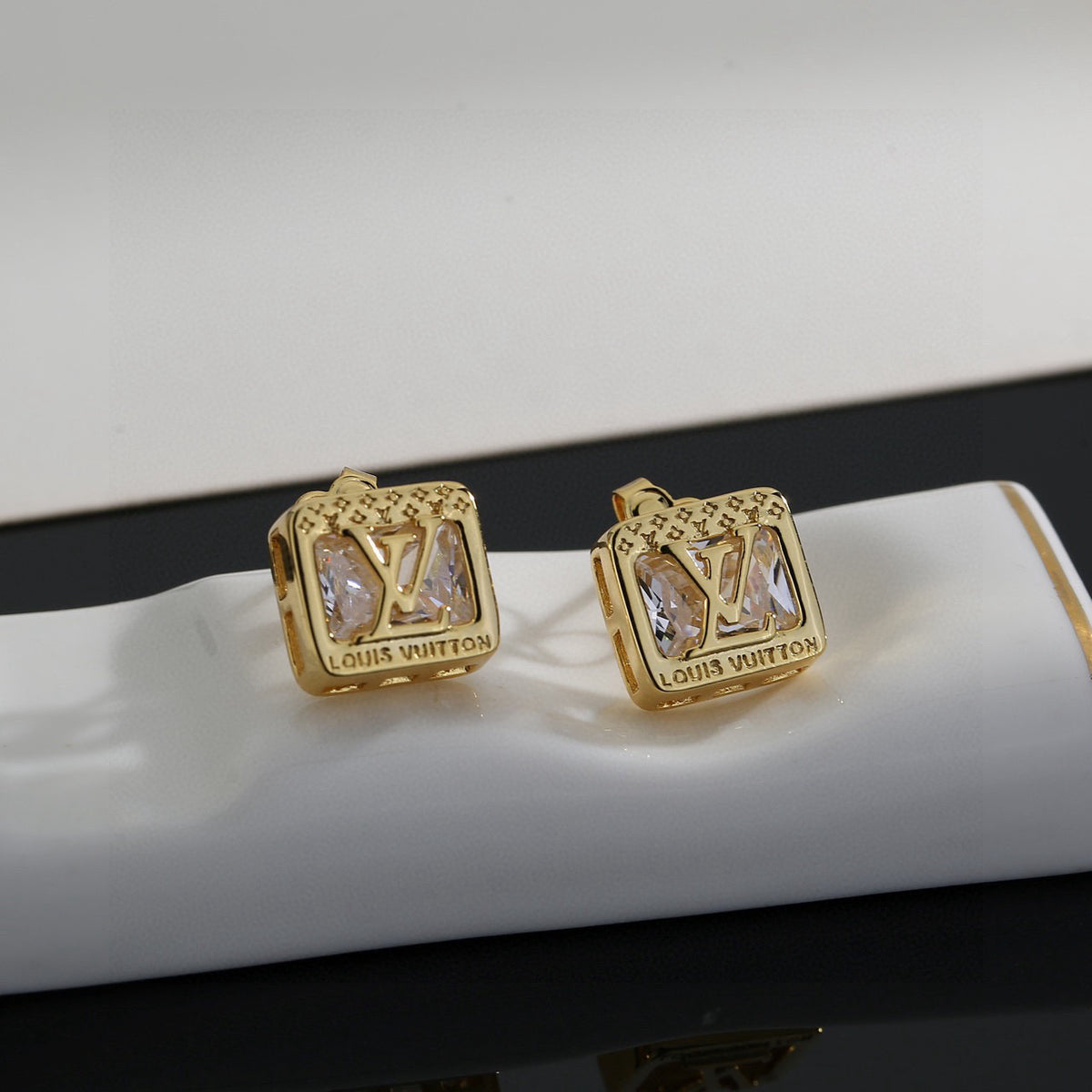 Geometric Emblem Stud Earrings in Polished Metal-Tone – Design 045 close-up detail