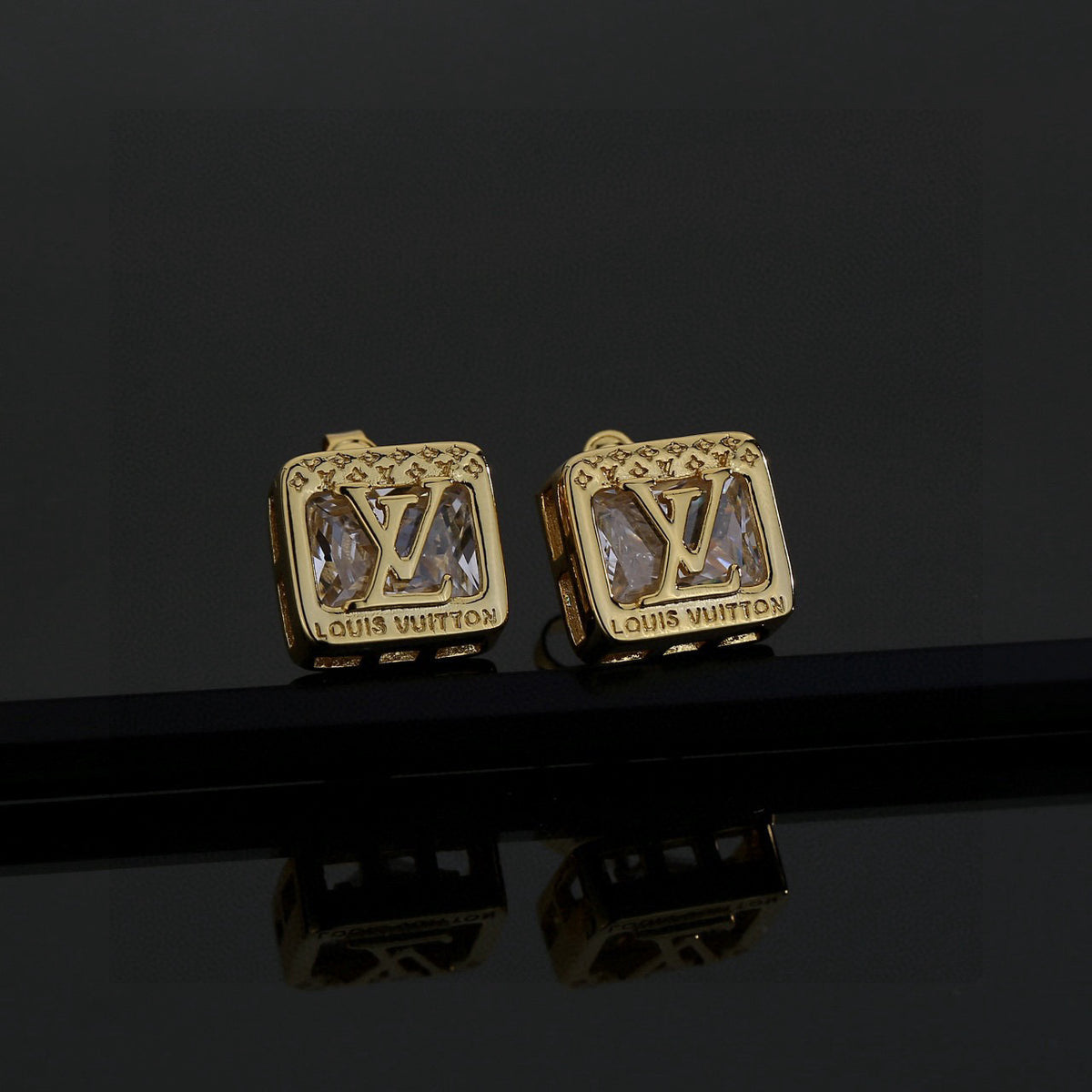 Geometric Emblem Stud Earrings in Polished Metal-Tone – Design 046 front product view