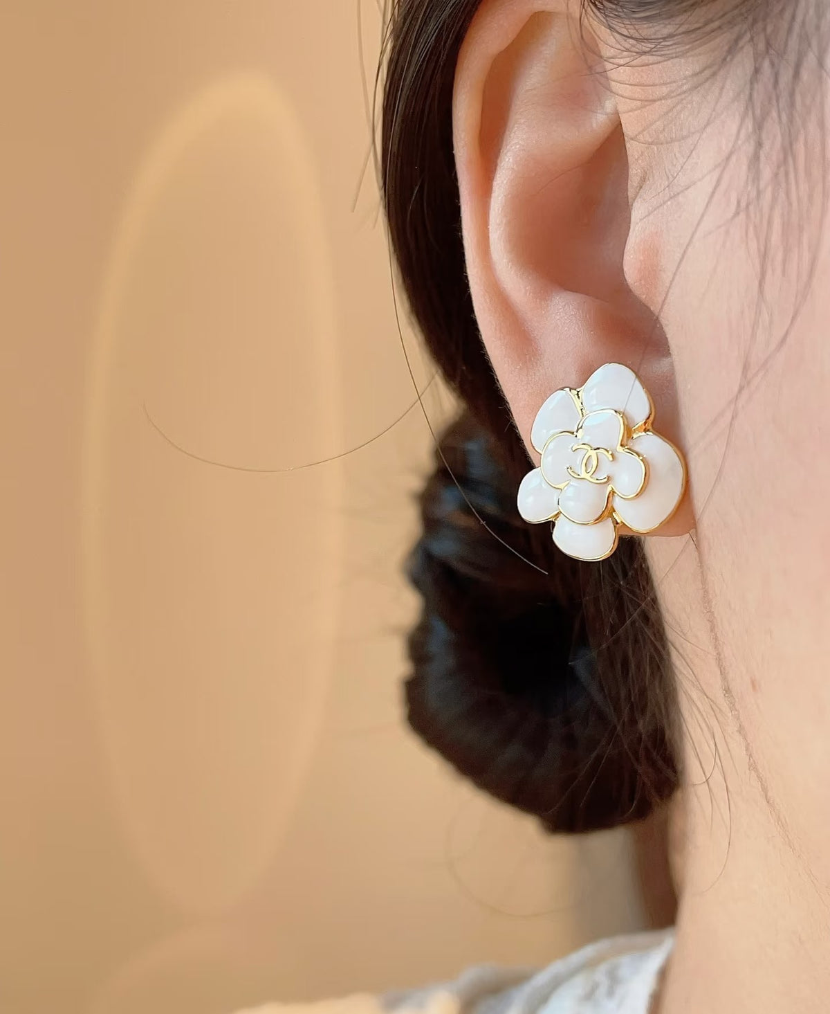 Camellia Stud Earrings in Polished Metal-Tone – Camellia Detail – Design 048 detail view