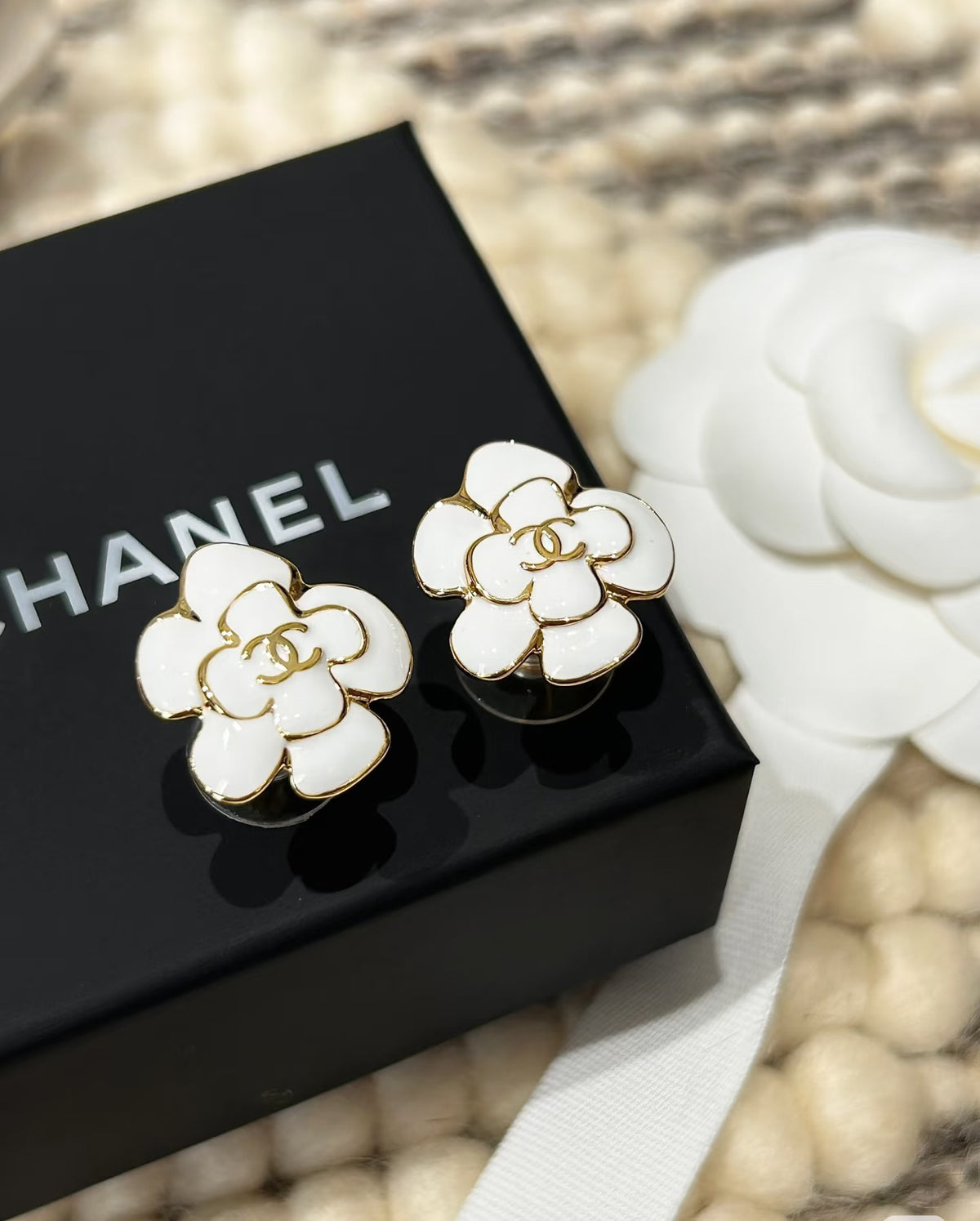 Camellia Stud Earrings in Polished Metal-Tone – Camellia Detail – Design 054 side detail