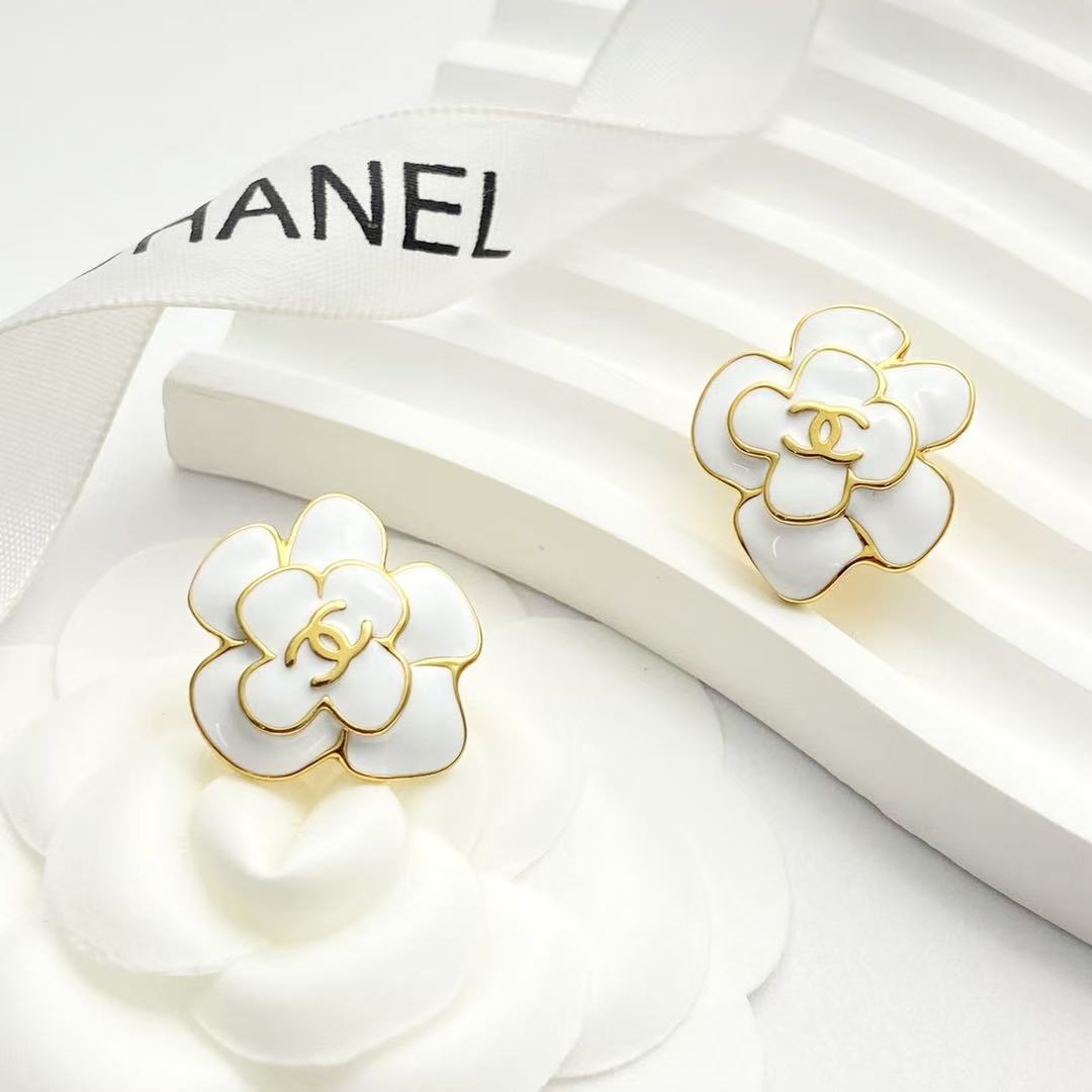 Camellia Stud Earrings in Polished Metal-Tone – Camellia Detail – Design 054 main product view