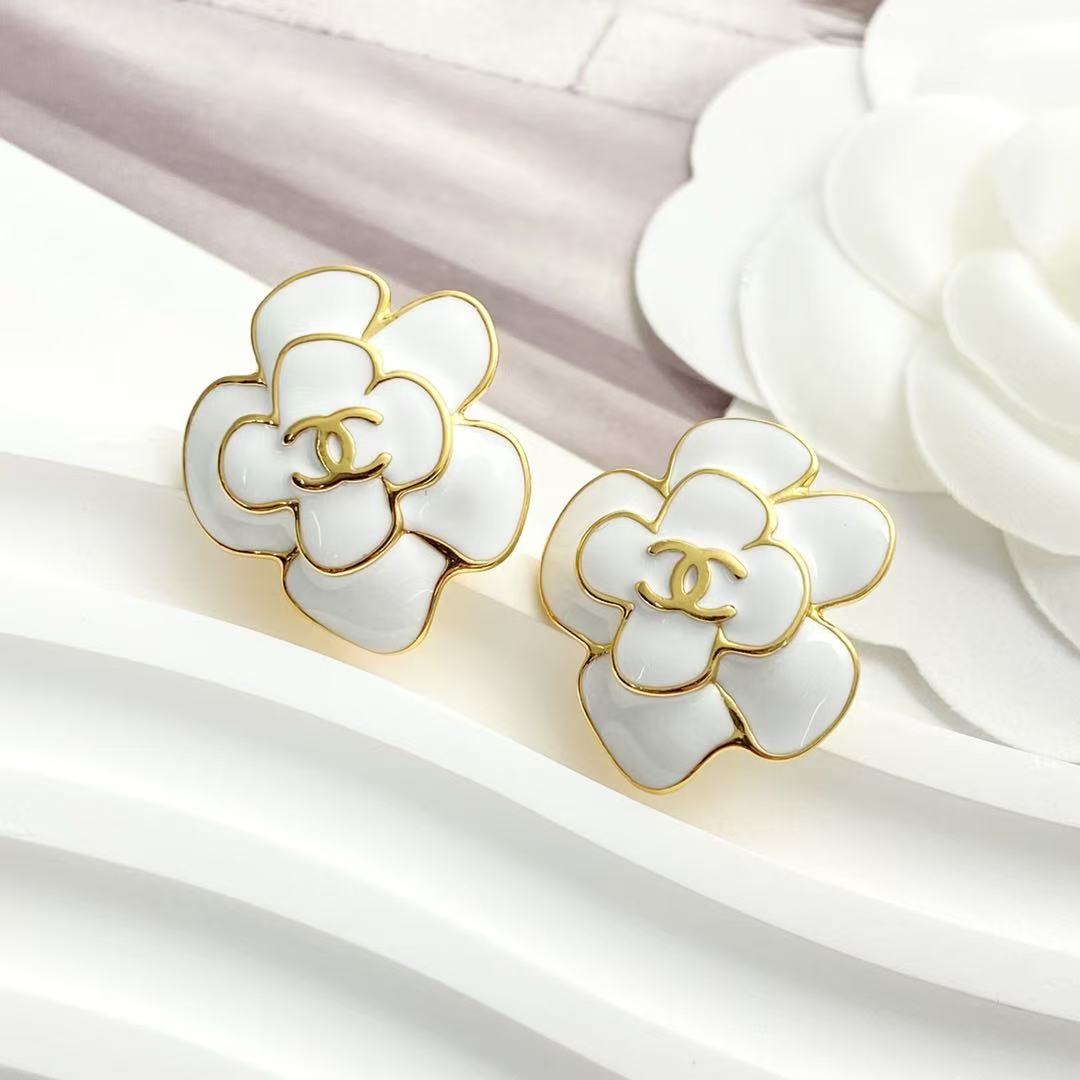 Camellia Stud Earrings in Polished Metal-Tone – Camellia Detail – Design 054 front product view