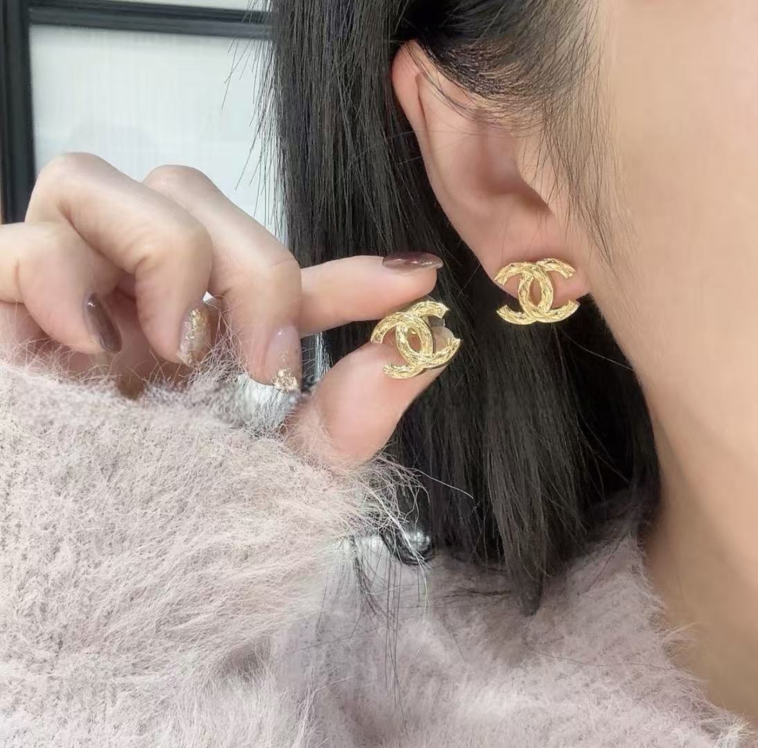 Double-C Emblem Stud Earrings in Gold-Tone – Design 047 front product view