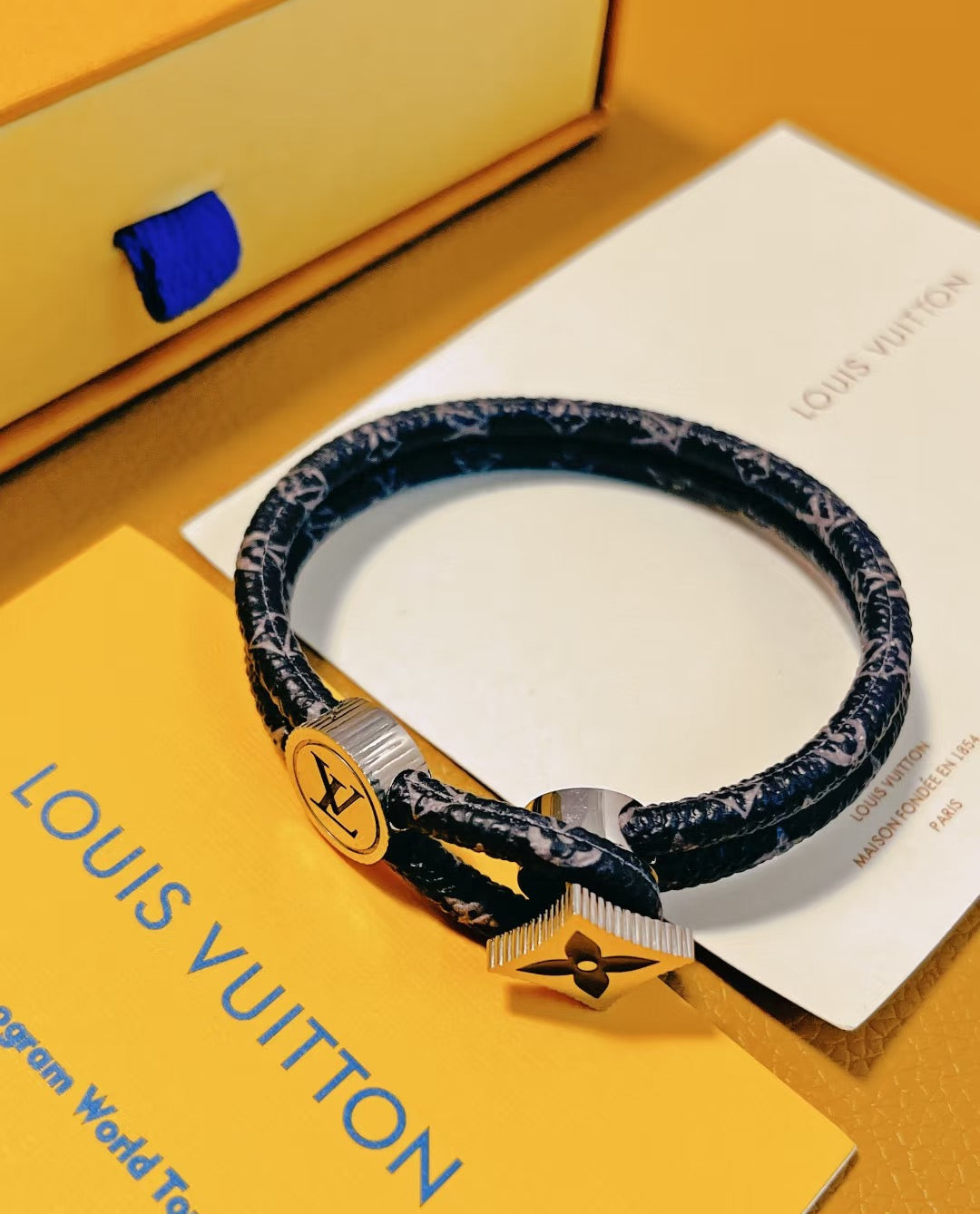 Geometric Emblem Bangle in Gold-Tone – Leather Detail – Design 005 main product view