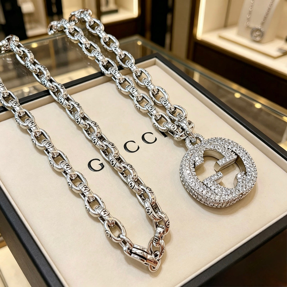 Double-G Emblem Pendant Necklace in Silver-Tone – Vintage Detail – Design 055 front product view