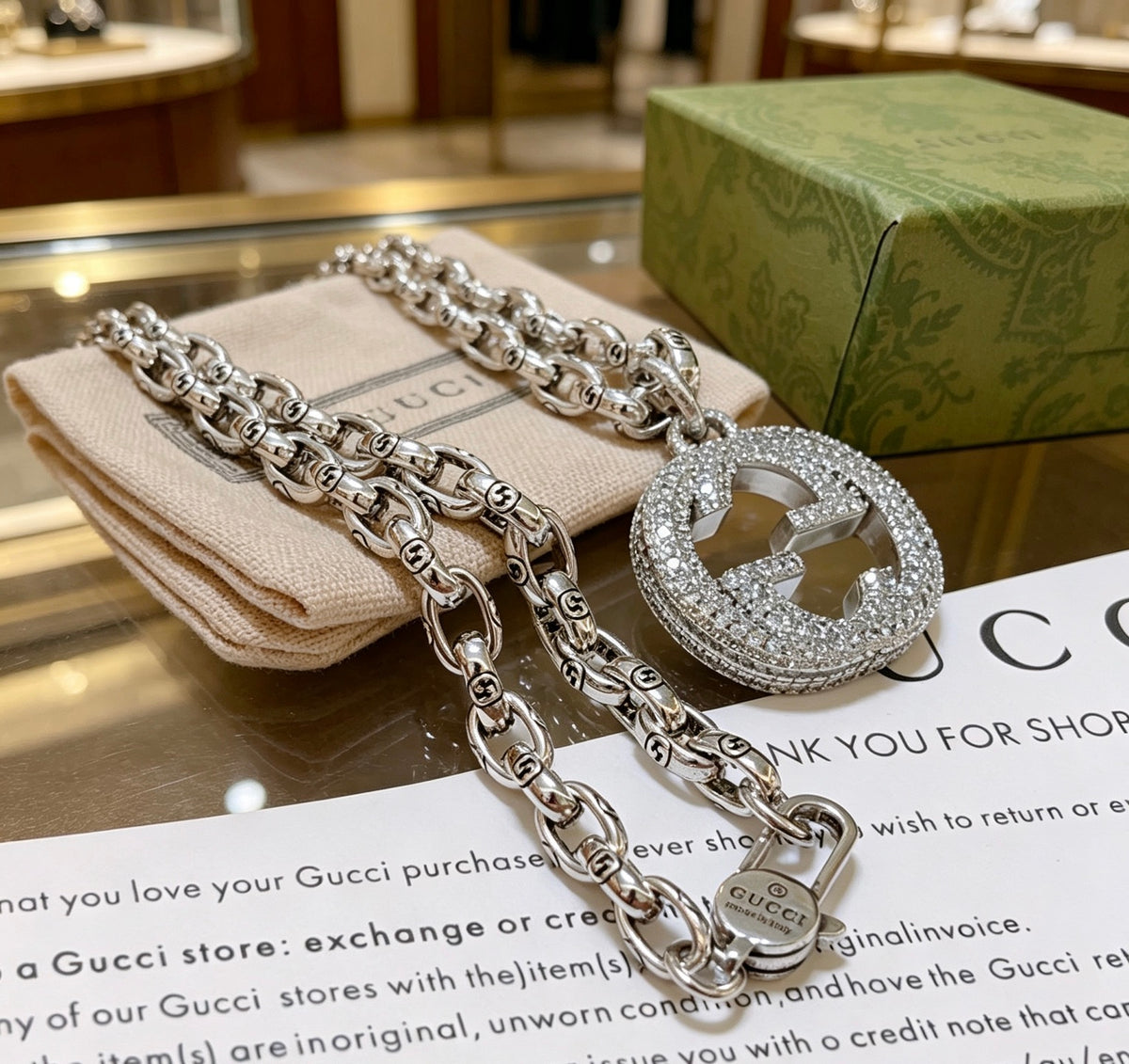 Double-G Emblem Pendant Necklace in Silver-Tone – Vintage Detail – Design 055 close-up detail
