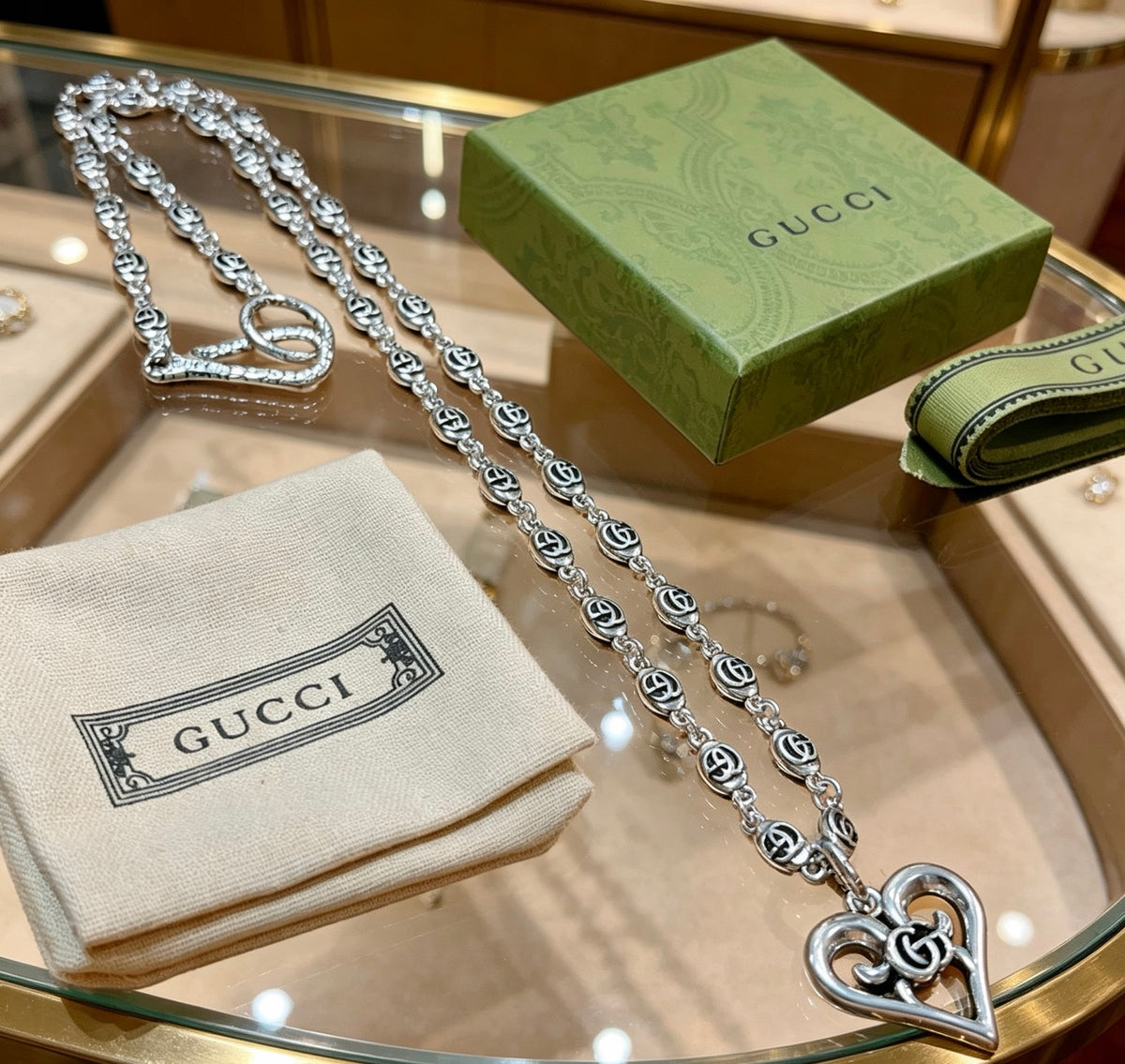 Double-G Emblem Pendant Necklace in Polished Metal-Tone – Design 248 close-up detail