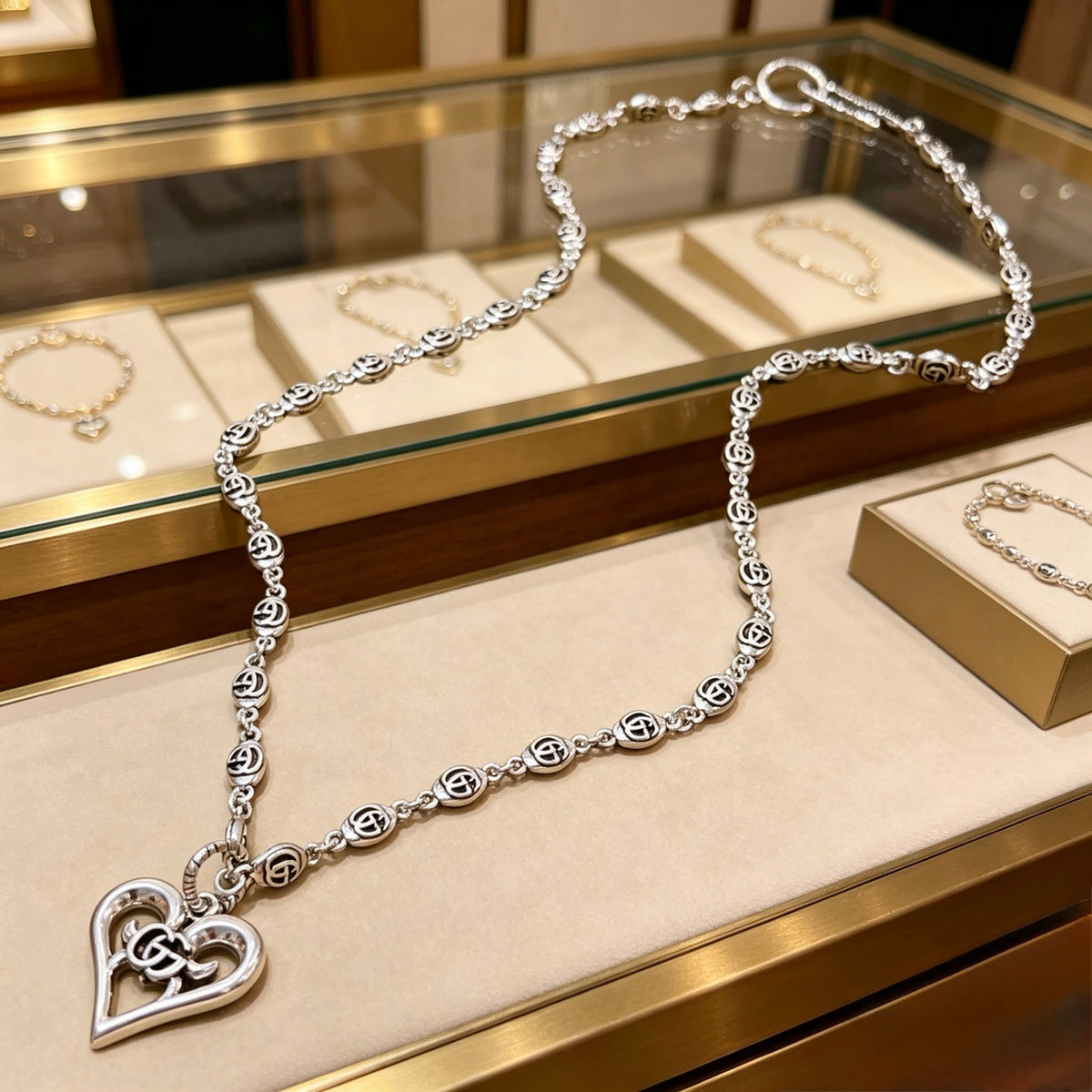 Double-G Emblem Pendant Necklace in Polished Metal-Tone – Design 248 front product view