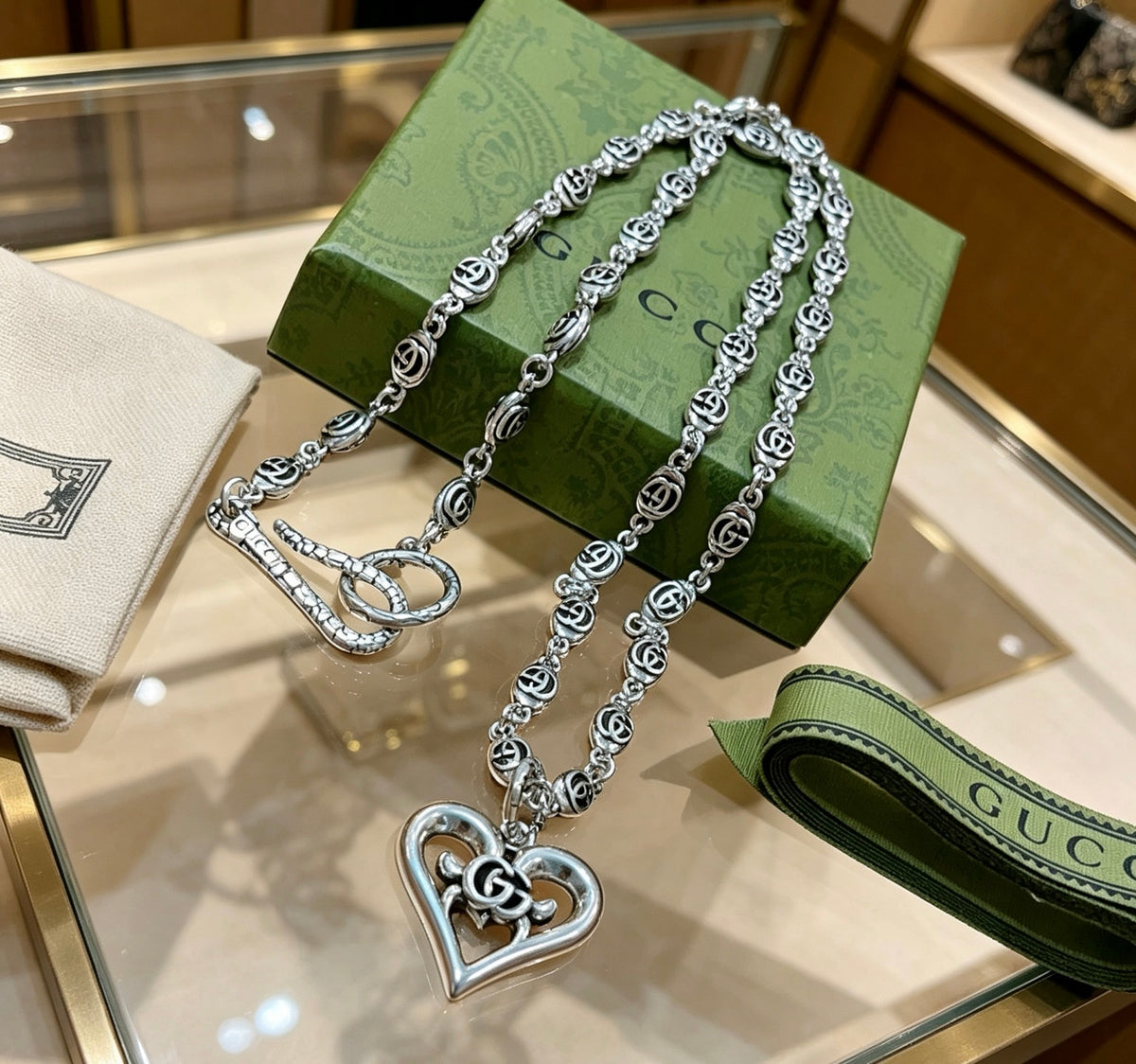 Double-G Emblem Pendant Necklace in Polished Metal-Tone – Design 248 side detail