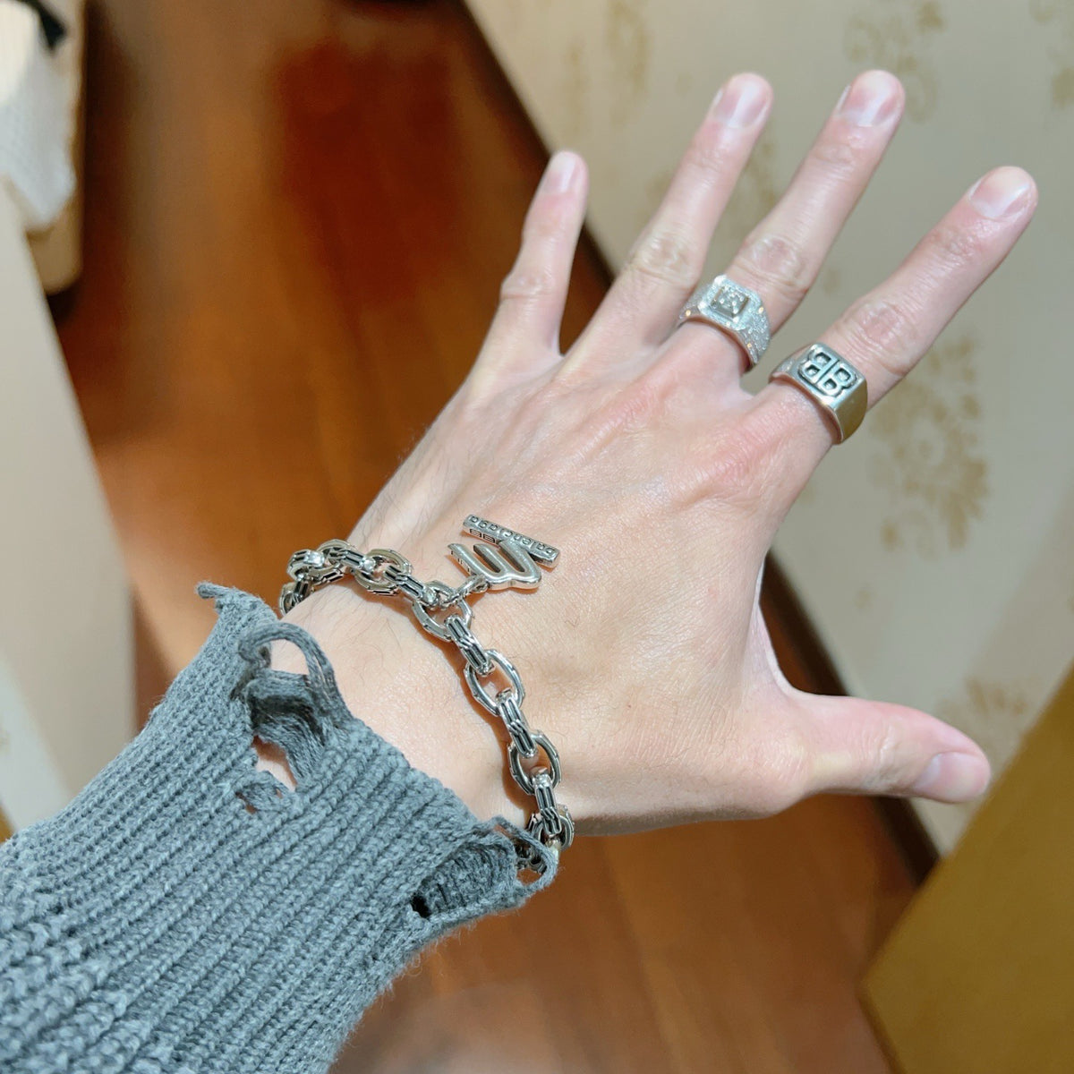 Geometric Emblem Bracelet in Polished Metal-Tone – Design 068 detail view