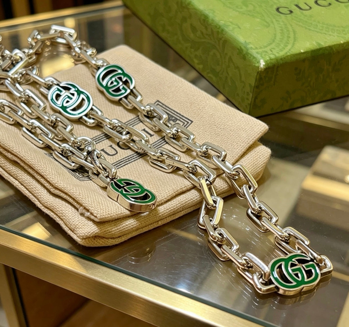 Double-G Emblem Pendant Necklace in Polished Metal-Tone – Design 231 close-up detail