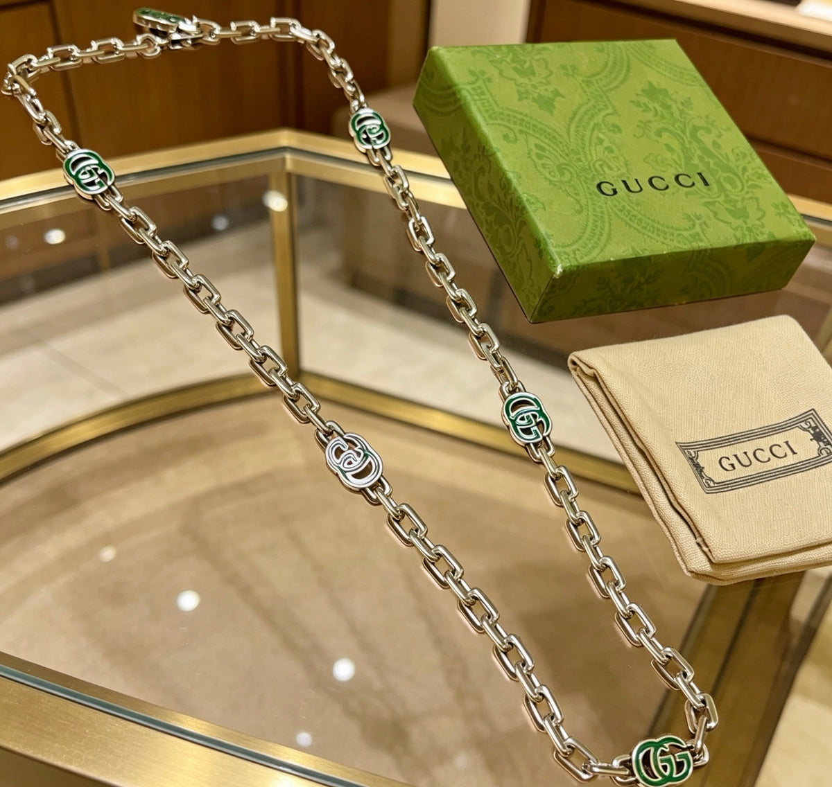 Double-G Emblem Pendant Necklace in Polished Metal-Tone – Design 231 front product view