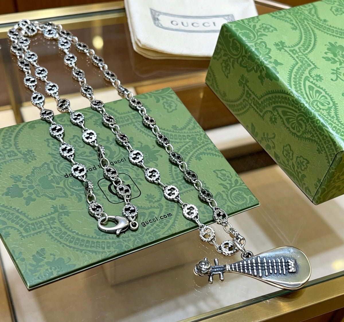 Double-G Emblem Pendant Necklace in Polished Metal-Tone – Design 246 front product view