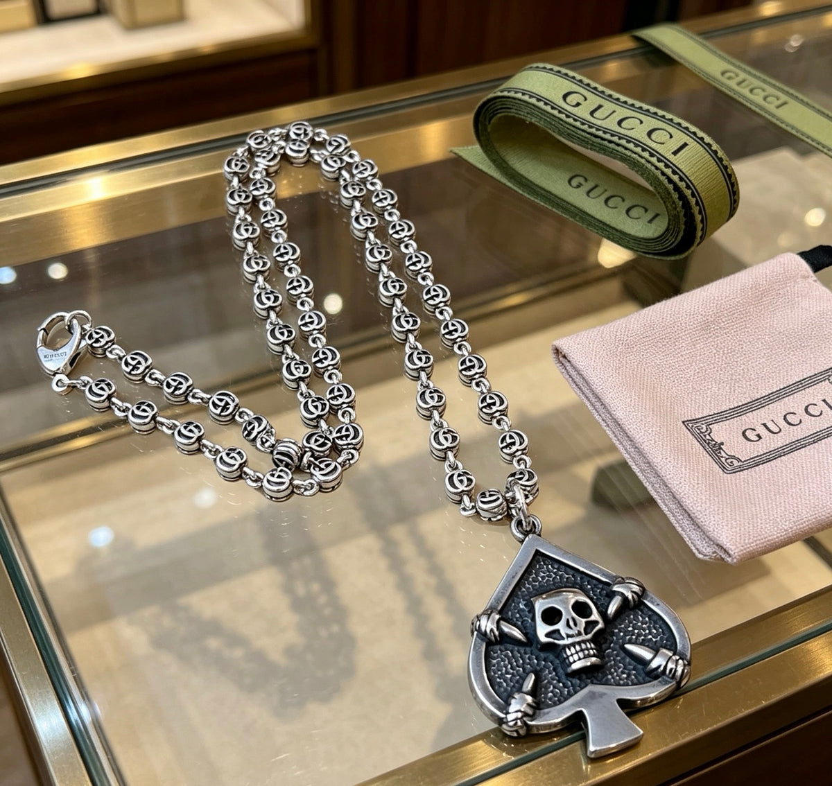 Double-G Emblem Pendant Necklace in Polished Metal-Tone – Vintage Detail – Design 069 main product view