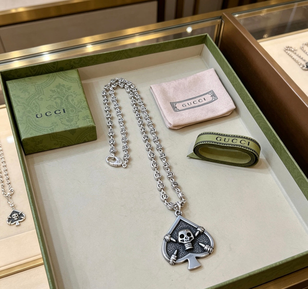 Double-G Emblem Pendant Necklace in Polished Metal-Tone – Vintage Detail – Design 069 main product view