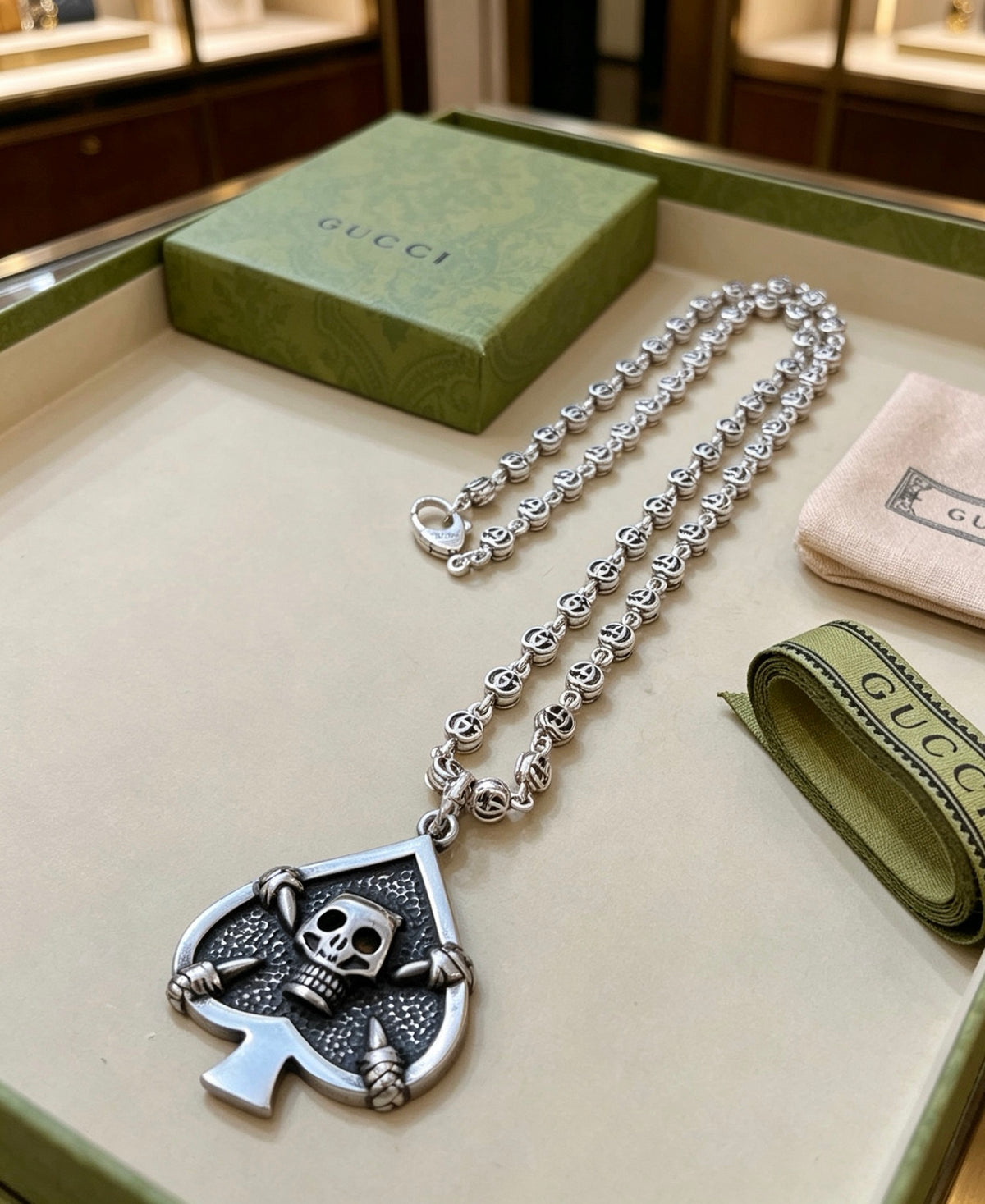 Double-G Emblem Pendant Necklace in Polished Metal-Tone – Vintage Detail – Design 069 detail view