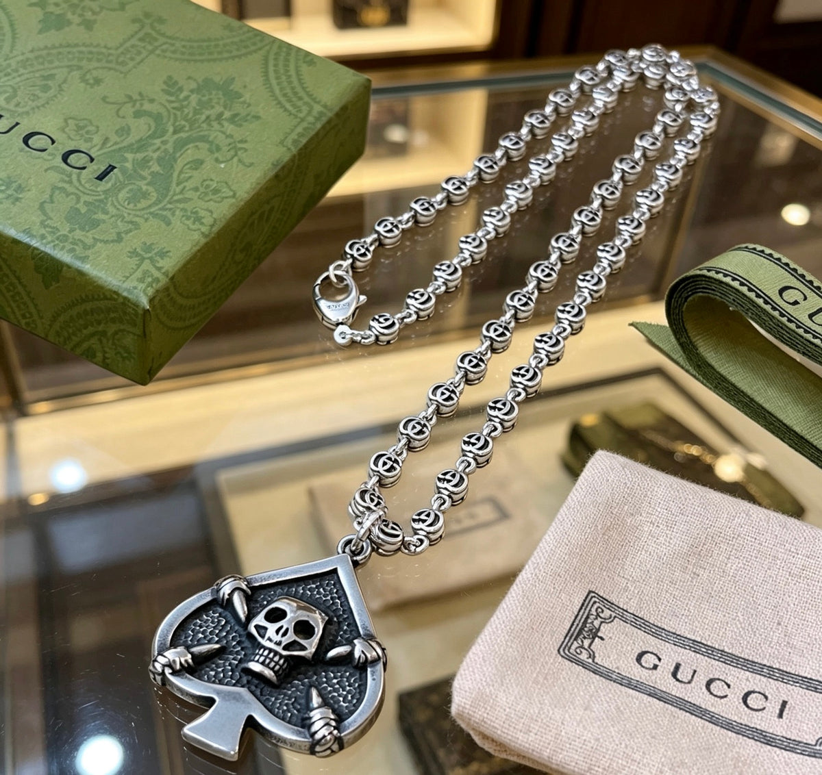 Double-G Emblem Pendant Necklace in Polished Metal-Tone – Vintage Detail – Design 078 front product view
