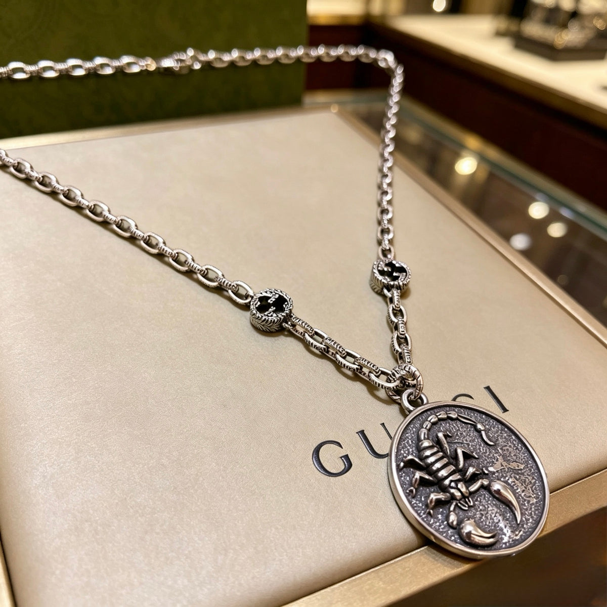 Chain Pendant Necklace in Polished Metal-Tone – Vintage Detail – Design 006 main product view