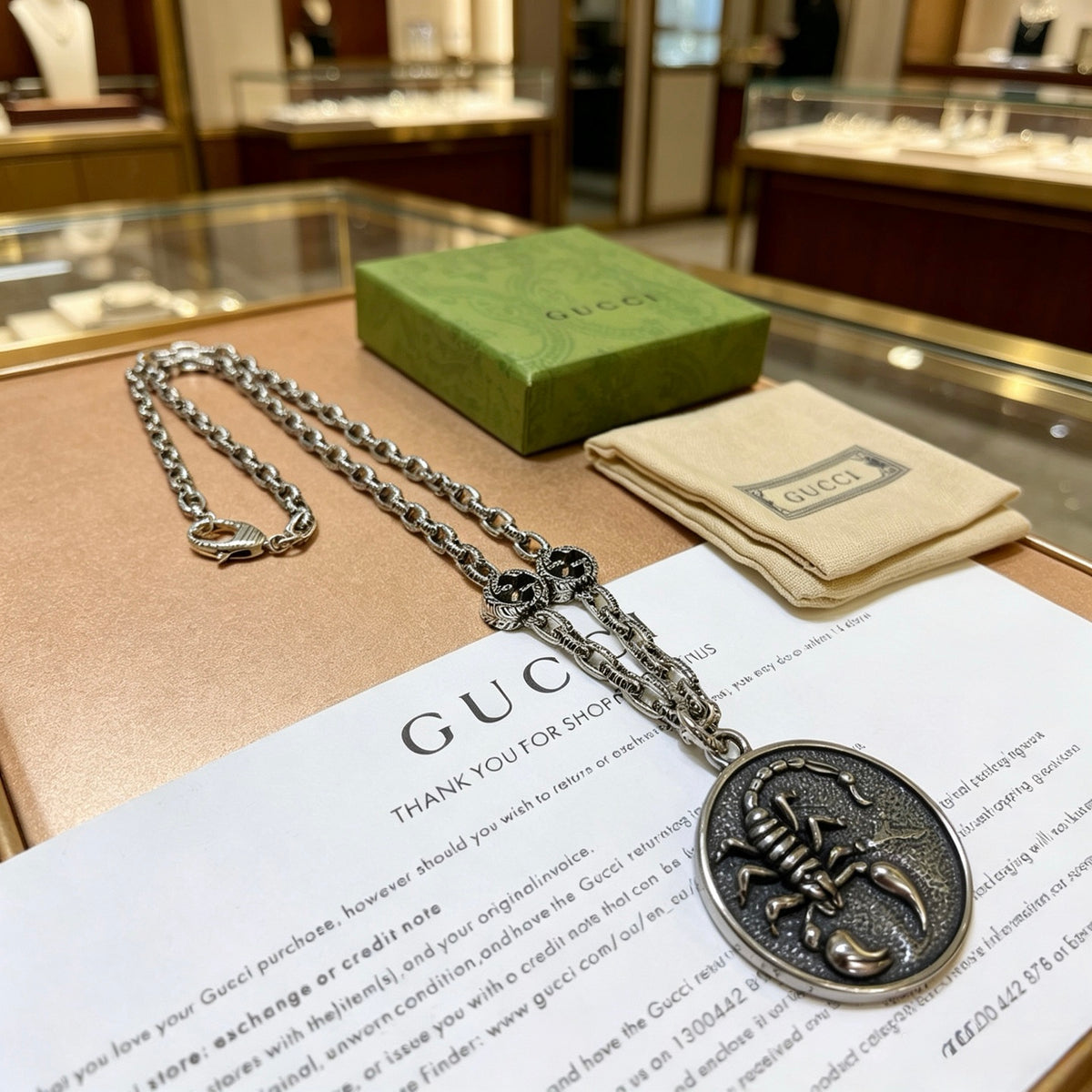 Chain Pendant Necklace in Polished Metal-Tone – Vintage Detail – Design 006 front product view