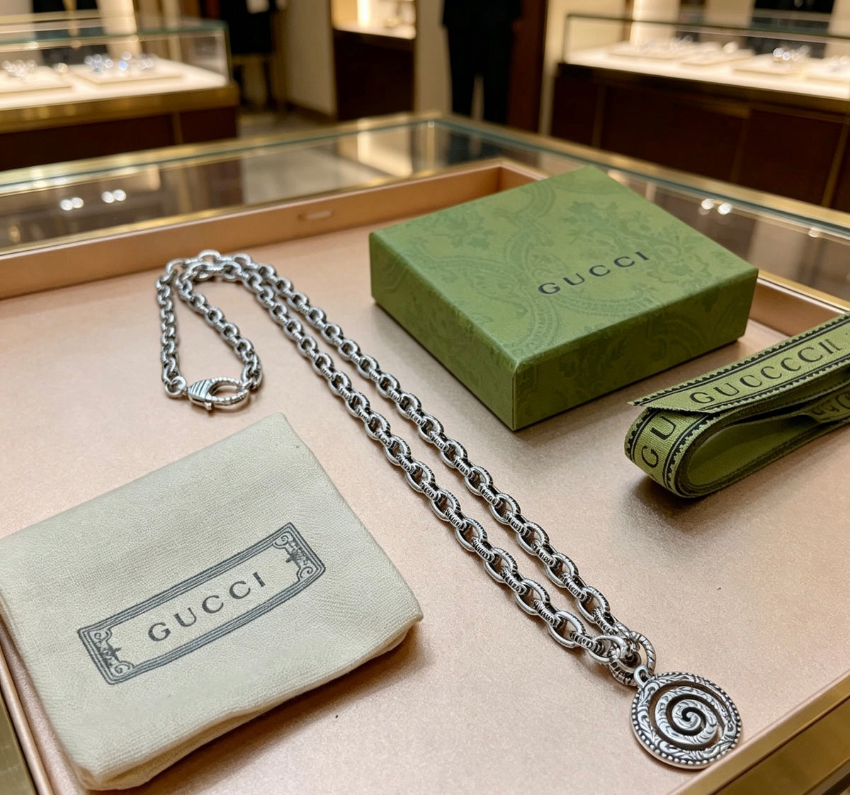Double-G Emblem Pendant Necklace in Polished Metal-Tone – Design 228 detail view
