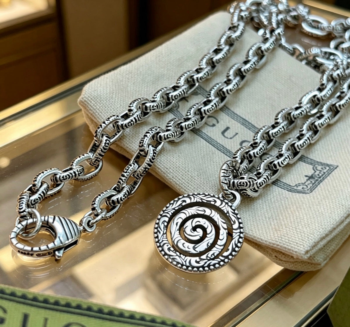Double-G Emblem Pendant Necklace in Polished Metal-Tone – Design 228 front product view