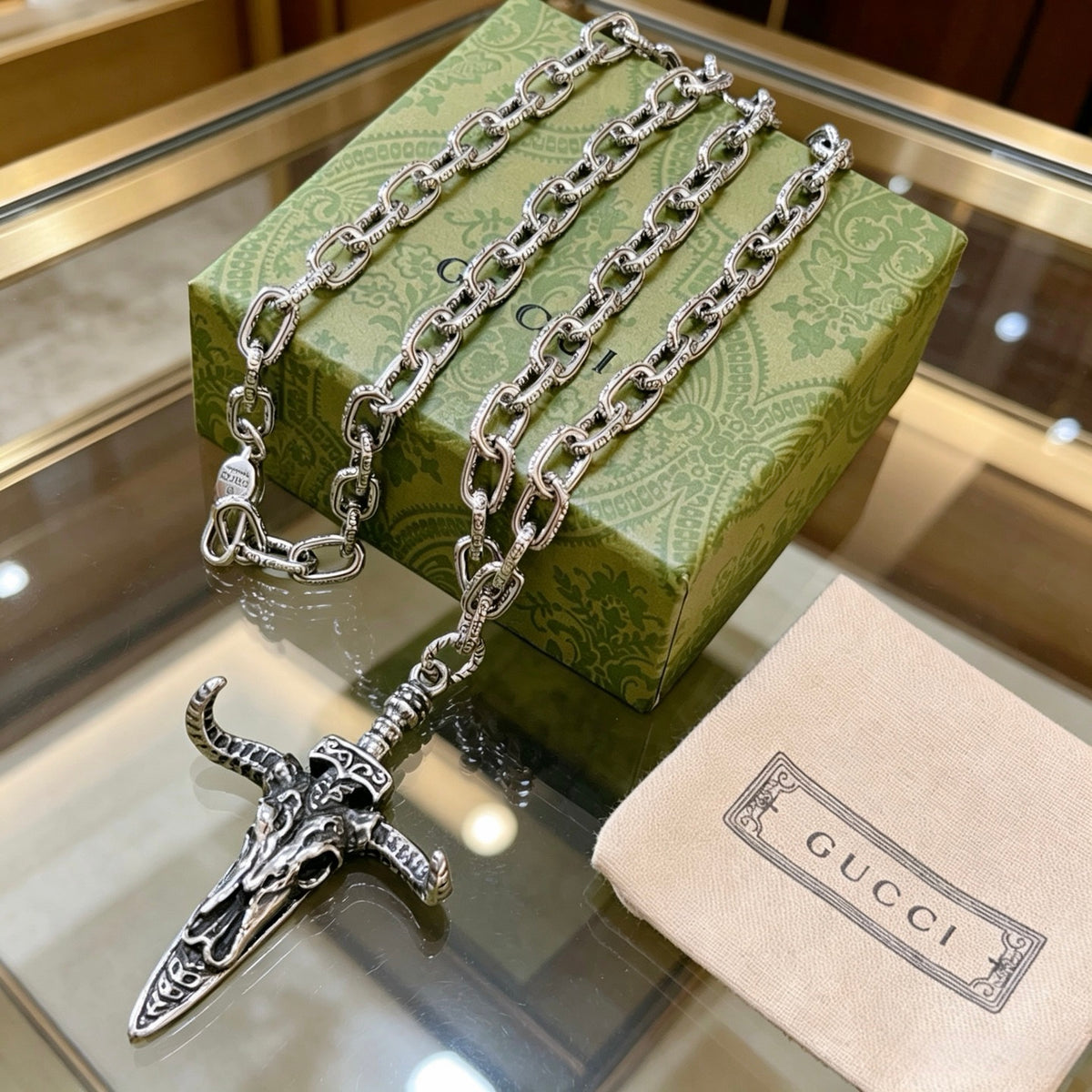 Double-G Emblem Pendant Necklace in Polished Metal-Tone – Design 227 front product view