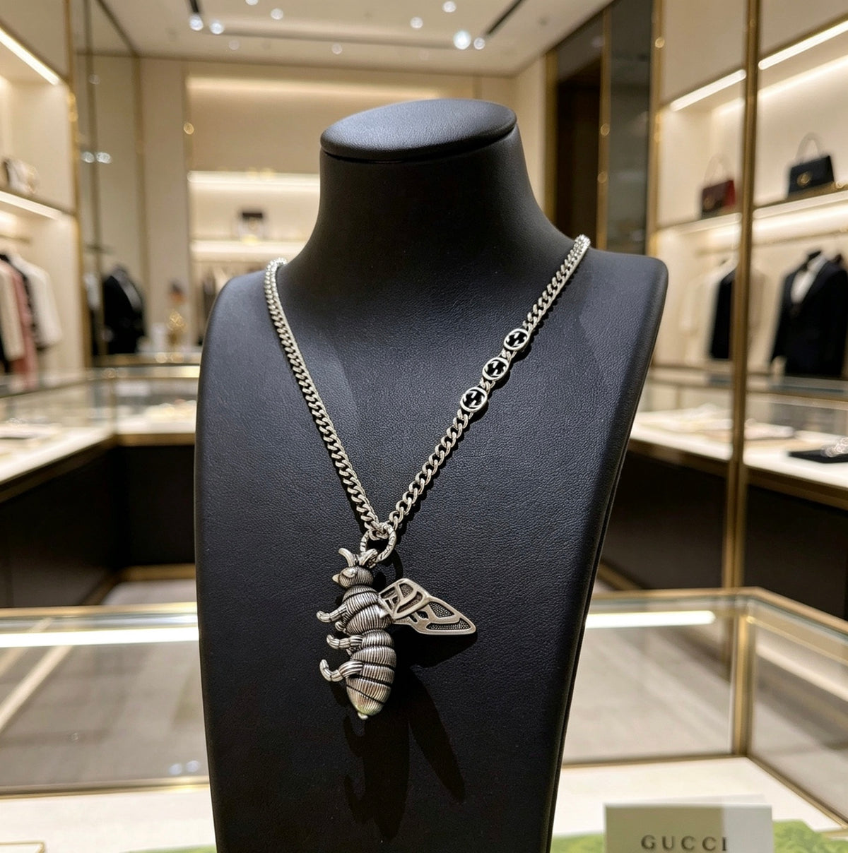 Double-G Emblem Pendant Necklace in Polished Metal-Tone – Design 226 side detail