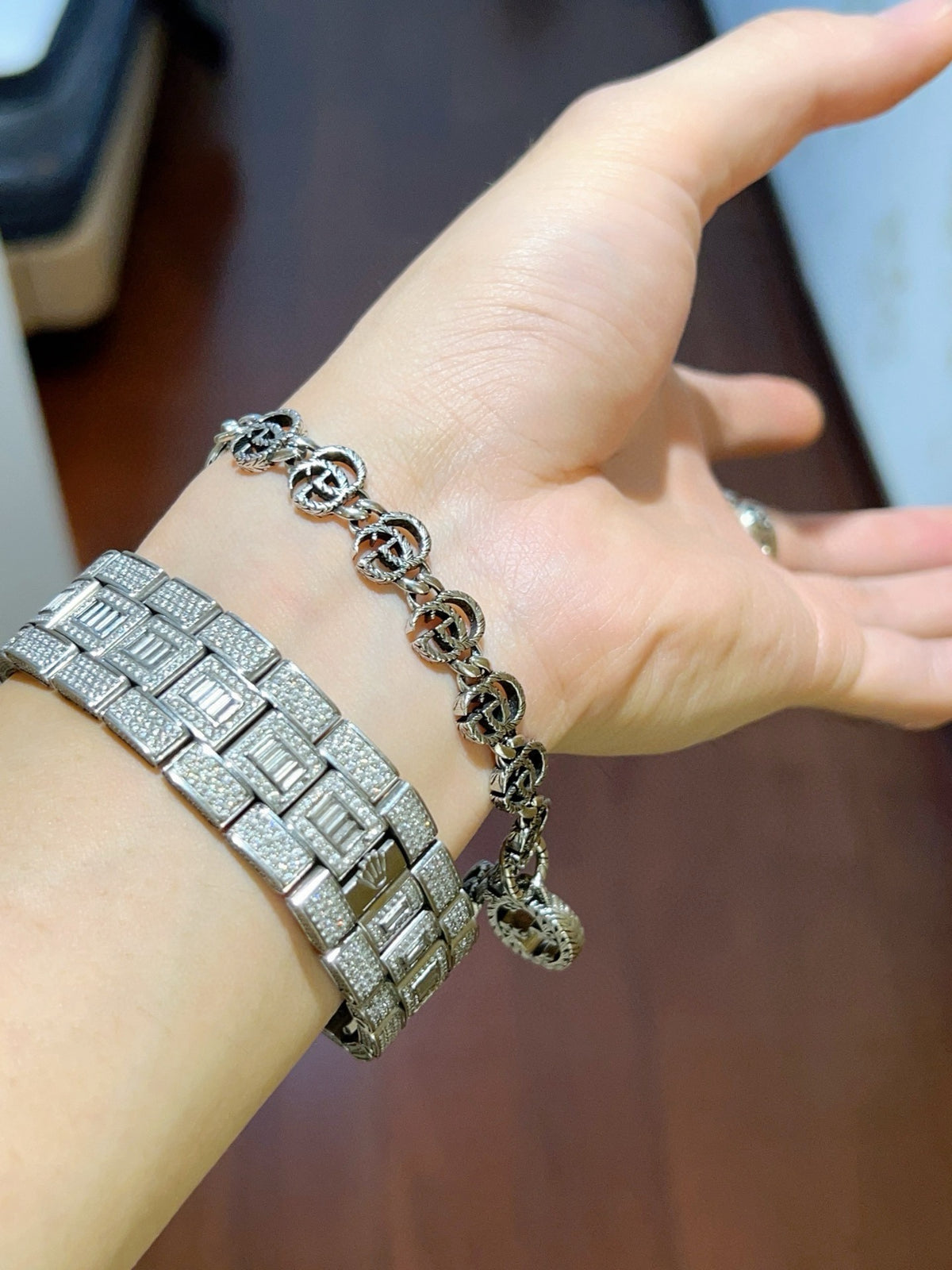 Geometric Emblem Bracelet in Polished Metal-Tone – Design 115 side detail