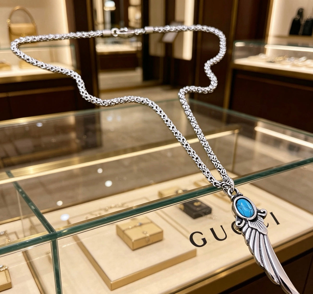 Double-G Emblem Pendant Necklace in Polished Metal-Tone – Design 225 front product view