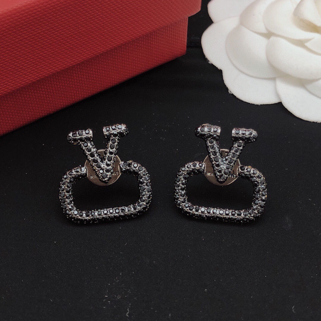 Signature Emblem Crystal-Accent Stud Earrings – Black – Design 04 front view