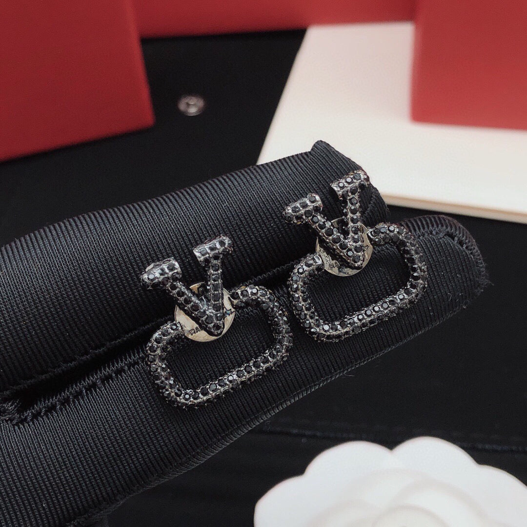Signature Emblem Crystal-Accent Stud Earrings – Black – Design 04 detail view