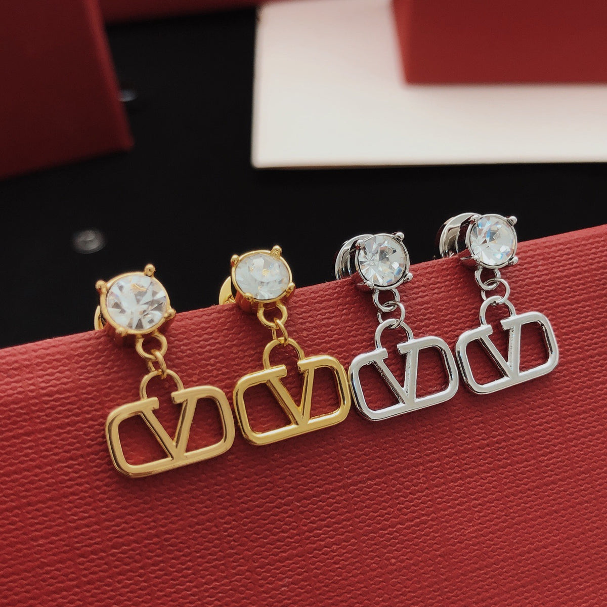 V Emblem Crystal-Accent Stud Earrings – Pink – Design 03 close-up view