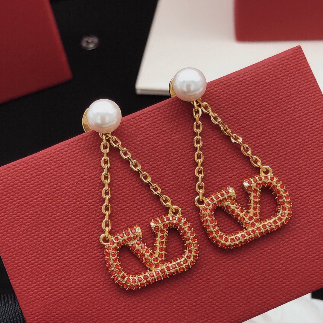 Signature Emblem Crystal-Accent Stud Earrings – Red – Design 02 front view
