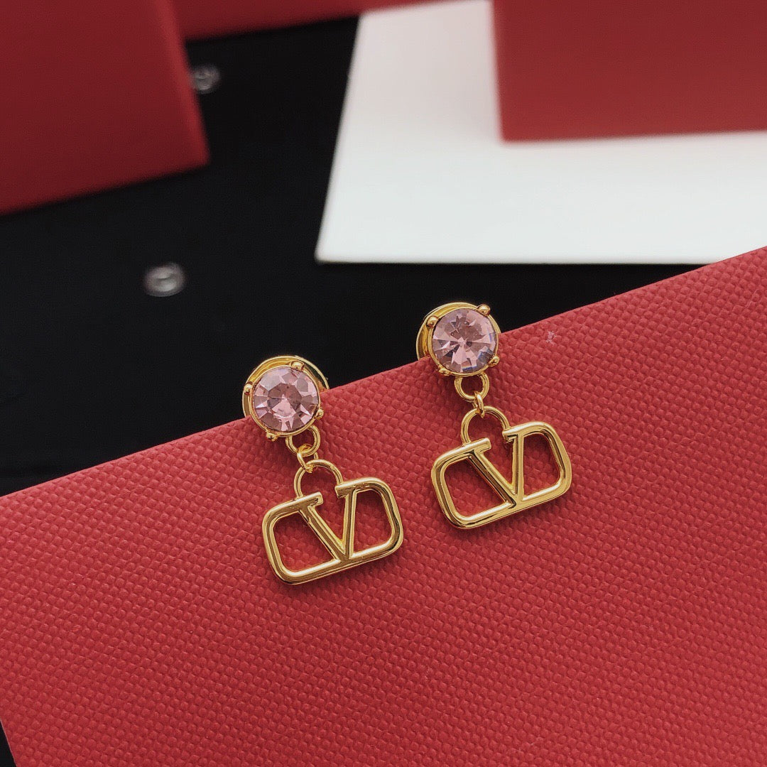 V Emblem Crystal-Accent Stud Earrings – Pink – Design 02 side detail