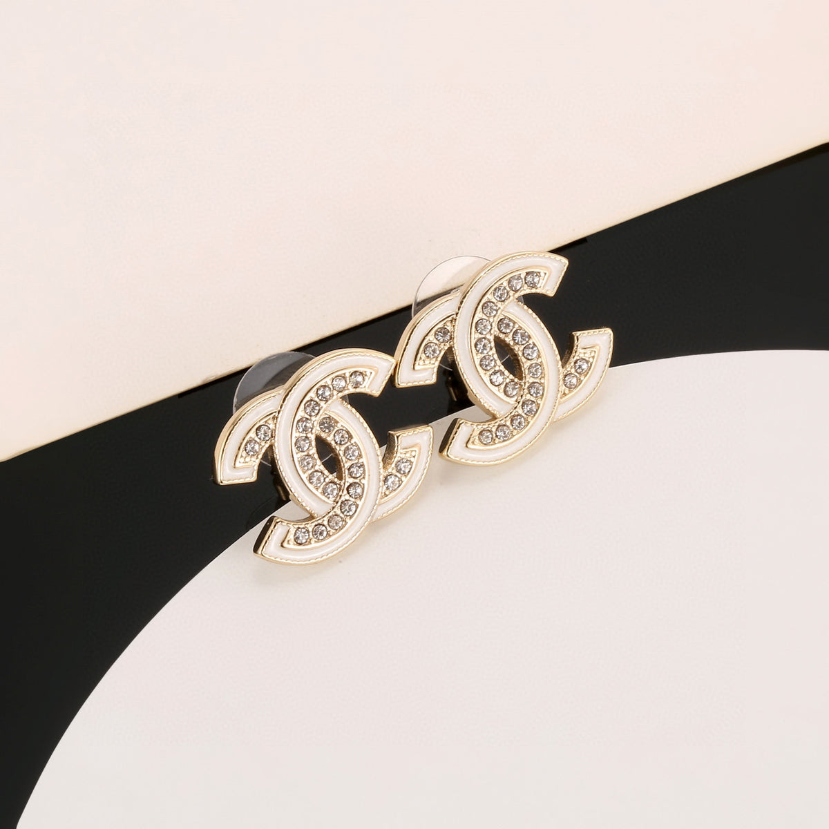 Double-C Emblem Stud Earrings in Polished Metal-Tone – Design 438 side detail
