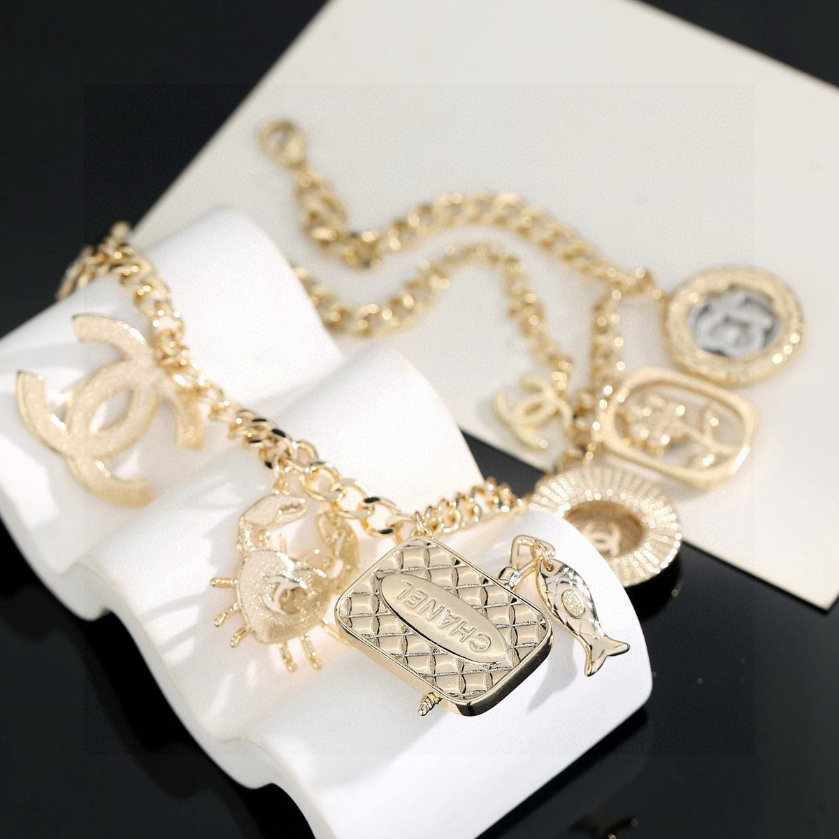 Double-C Emblem Pendant Necklace in Gold-Tone – Shell Detail – Design 002 side detail
