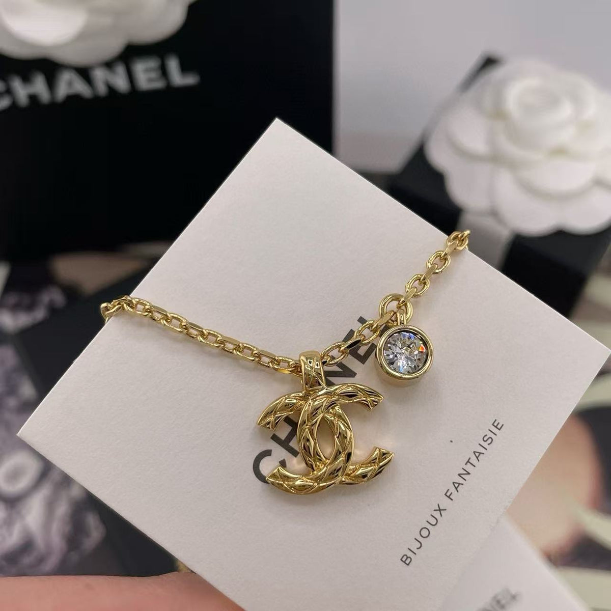 Double-C Emblem Pendant Necklace in Gold-Tone – Design 022 front product view