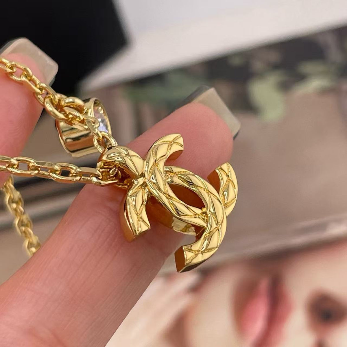 Double-C Emblem Pendant Necklace in Gold-Tone – Design 028 detail view