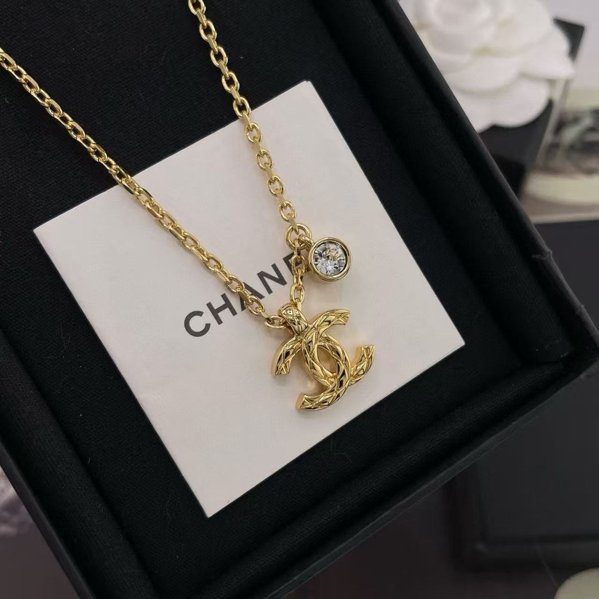 Double-C Emblem Pendant Necklace in Gold-Tone – Design 028 close-up detail