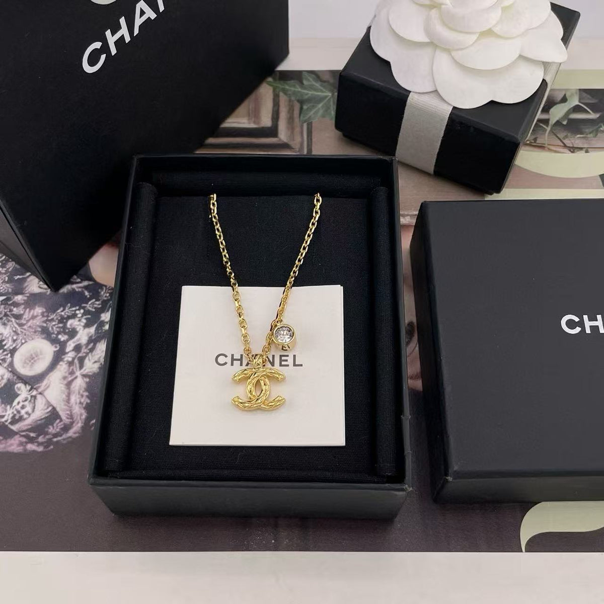 Double-C Emblem Pendant Necklace in Gold-Tone – Design 022 side detail