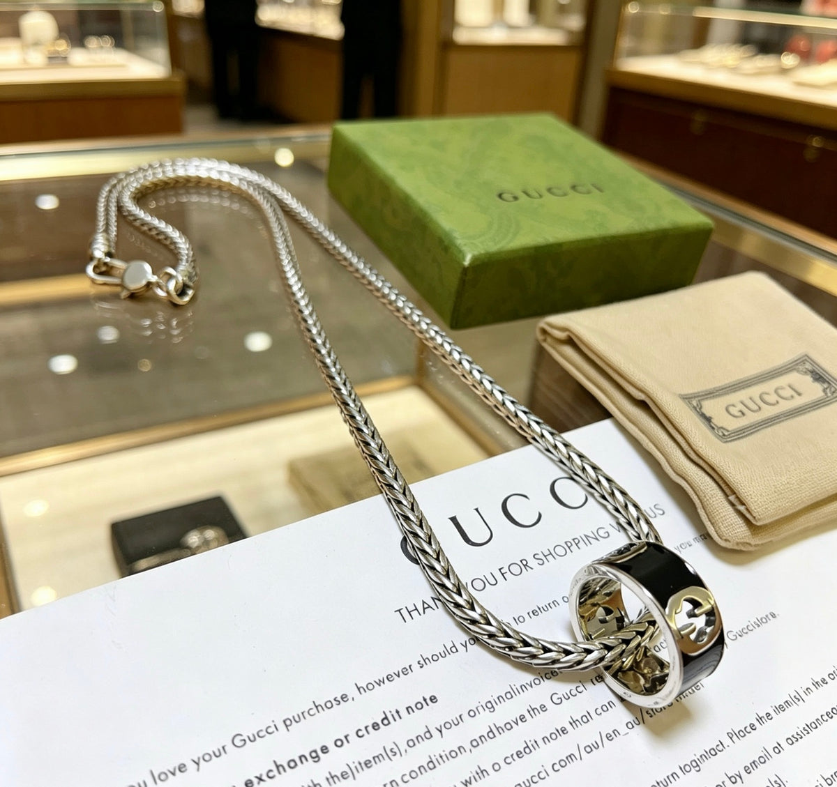 Double-G Emblem Pendant Necklace in Silver-Tone – Vintage Detail – Design 057 detail view