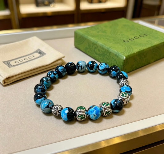 Double-G Emblem Beaded Bracelet in Polished Metal-Tone – Agate Detail – Design 027 main product view