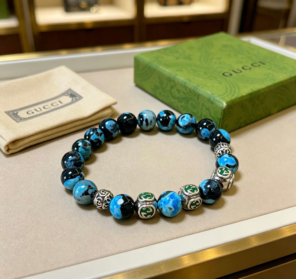 Double-G Emblem Beaded Bracelet in Polished Metal-Tone – Agate Detail – Design 029 main product view