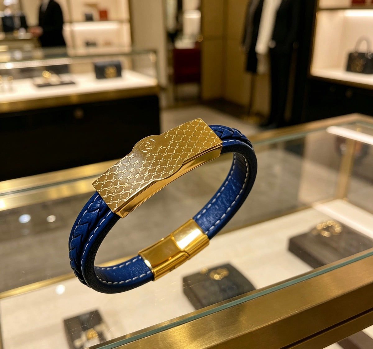 Double-G Emblem Bangle in Polished Metal-Tone – Leather Detail – Design 003 front product view