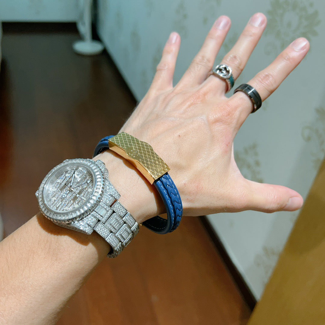 Double-G Emblem Bangle in Polished Metal-Tone – Leather Detail – Design 004 main product view