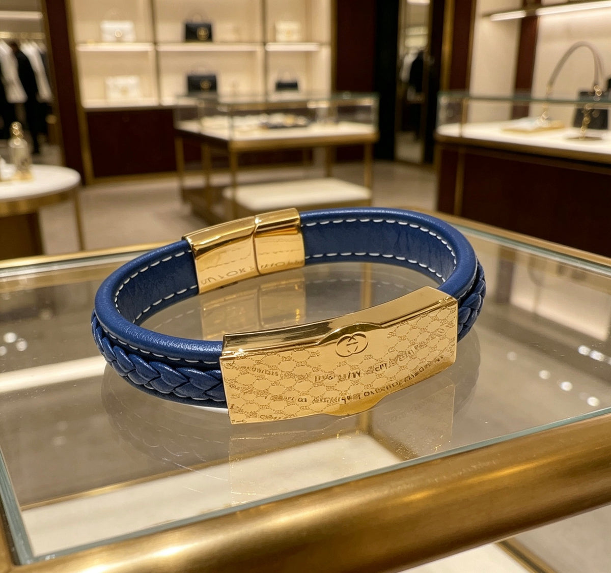 Double-G Emblem Bangle in Polished Metal-Tone – Leather Detail – Design 003 styled product view